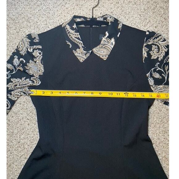 Andrew Marc - Black and Champagne Paisley Dress - Flare Sleeve - Size 4 - Picture 11 of 16